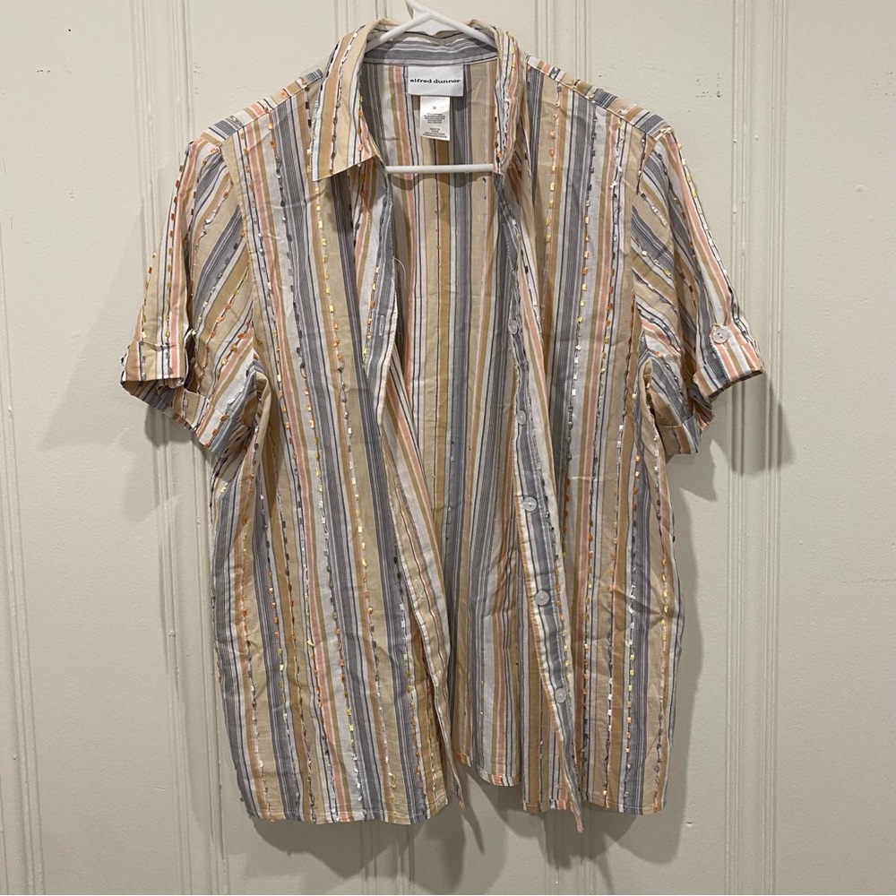 Alfred Dunner Striped Button Down Shirt - Tan, Gray, White
